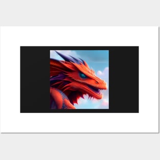 Flying Red Dragon with Purple Horns Posters and Art